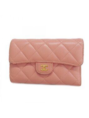 Chanel Trifold Wallet Quilted Caviar Leather Pink Gold